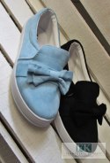 TRAMPKI SLIP ON BLUE/CZARNE KOKARDA ZAMSZ R.37