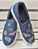 TRAMPKI SLIP ON JEANS BUŹKI NASZYWKI R. 38