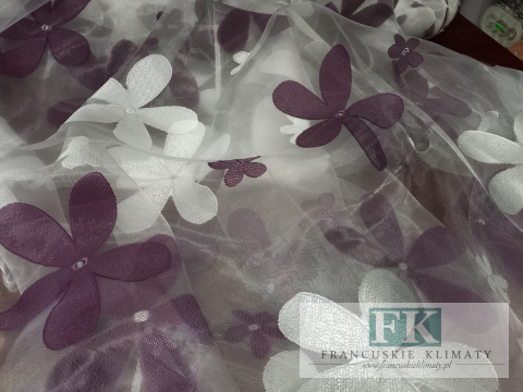 TKANINA MATERIAŁ ORGANZA KWIATY SZER 280 FIOLET - ŁAMANA BIEL TKANINA MATERIAŁ ORGANZA KWIATY SZER 280 FIOLET - ŁAMANA BIEL