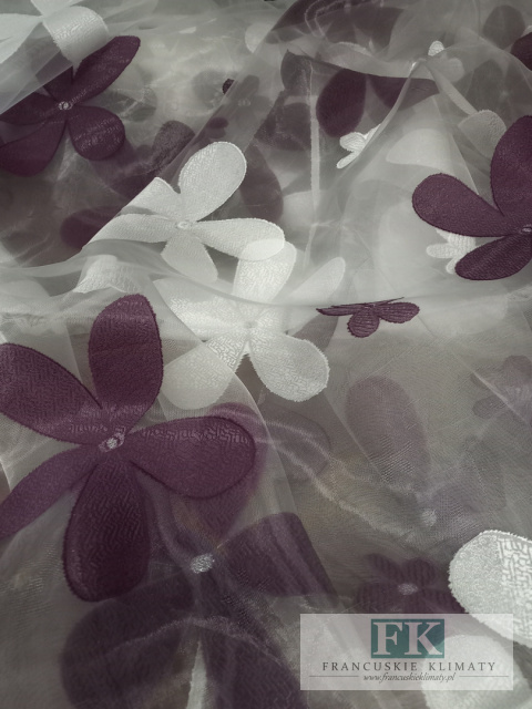 TKANINA MATERIAŁ ORGANZA KWIATY SZER 280 FIOLET - ŁAMANA BIEL TKANINA MATERIAŁ ORGANZA KWIATY SZER 280 FIOLET - ŁAMANA BIEL