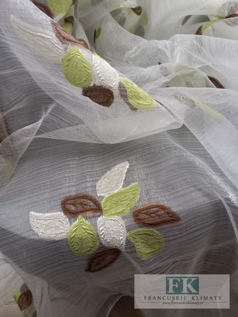 TKANINA MATERIAŁ ORGANZA KRESZOWANA LISTKI ZIELEŃ BRĄZ 270 CM TKANINA MATERIAŁ ORGANZA KRESZOWANA LISTKI ZIELEŃ BRĄZ 270 CM